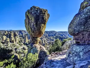 A massive rock formation sits precariously at Chiricahua National Monument.