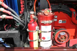 A Fogmaker automatic fire suppression system is shown in a Foretravel motorhome. 
