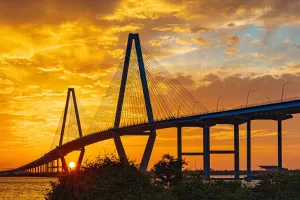 A golden sky accentuated the architecture of the Arthur Ravenel Jr. Bridge in Charleston, South Carolina, in this photo by Karen Mathis.