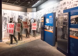 Inside the museum, an exhibit depicts striking sanitation workers.