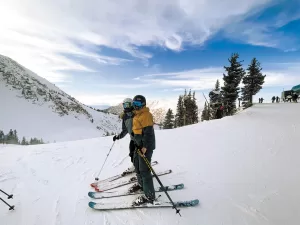 The author and her son prepare to hit the slopes at Alta.