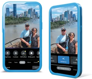 Find the "Adjust" tab on the primary menu (left); the "Enhance" tab is on the secondary menu (right).
