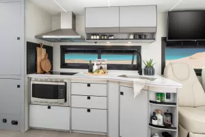 The galley includes a stainless-steel vent hood over an induction cooktop and a convection-microwave oven below the counter.