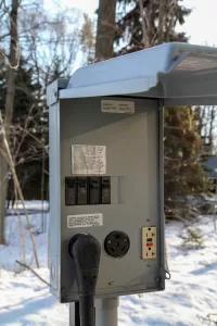 A campground pedestal with 50-, 30-, and 20-amp circuits.