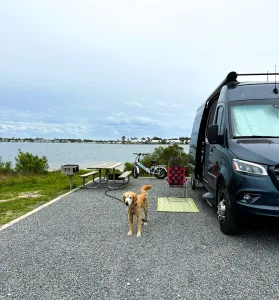 Mickey enjoys motorhome travel with his mom, Marie Flood, including time spent at St. Andrews State Park in Panama City Beach, Florida.
