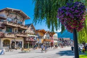 Leavenworth, Washington, is a Bavarian-style village filled with shops, plus restaurants that serve authentic German cuisine.