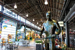 A statue of metal magnate E.T. Pybus stands in Wenatchee’s 28,000-square-foot Pybus Public Market.