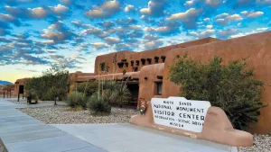 Adobe buildings at the White Sands visitors complex feature “Pueblo Revival”-style architecture.