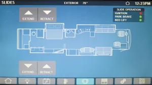 The Spyder Controls system, shown here in a 2019 Tiffin Allegro Bus, is custom designed for each floor plan.
