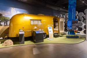 Among the RVs on display at the Airstream Heritage Center museum is a gold anodized-aluminum trailer that led the way on a 1959-1960 caravan across Africa and served as a mobile testing ground for Wally Byam’s new ideas.