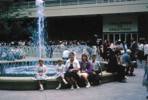 The Ross family takes a break at the 1964 World’s Fair in New York, after traveling there in their school bus conversion.