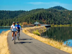 The Trail of the Coeur d’Alenes in Idaho follows a former railroad line.