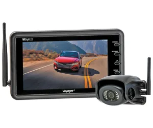 The Voyager WVSXP70 wireless camera system comes with a 7-inch LCD monitor, a 12-volt accessory plug, and a suction-cup monitor mount. 