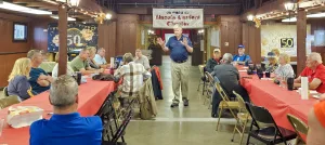 Gary greets Lincoln Landers chapter members during their 50th anniversary rally.
