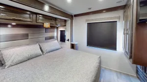 A rear king bed graces the Georgetown 3 Series GT3 32A3 gas-powered Class A motorhome. 