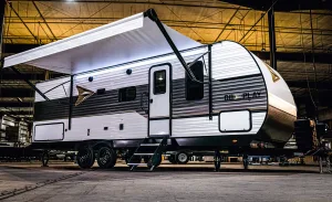 The Wayfinder Go Play 26BHS bunkhouse-style travel trailer sleeps 10.