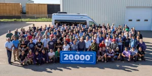 Pleasure-Way employees gathered to celebrate the construction of the company’s 20,000th Class B motorhome in July 2024.