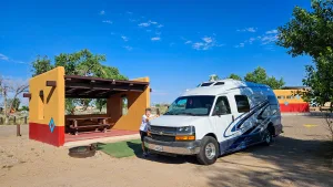 Sue Hankins and Pat Yacklon overnighted in their newly painted Roadtrek at Coronado Campground, just west of Bernalillo, New Mexico.