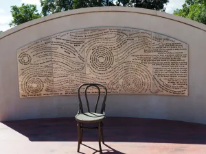 The back of the display wall at Hibbing High School features lyrics to Bob Dylan songs.
