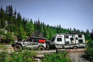 A modified Forest River No Boundaries 16.6 travel trailer is one of the stars of the Off-Road Travel TV series that takes viewers on an 8,500-mile adventure through Canada and Alaska.