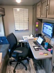 The author utilized the RV’s bonus room as a combination office/den.