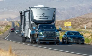For model year 2025, the 2500/3500 Ram trucks offer towing power via a 430-horsepower diesel or a 405-horsepower V-8 gas engine, both paired with a TorqueFlite HD transmission. 