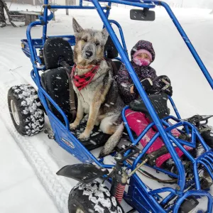 Chance enjoys go-cart rides around the Hammes' Iowa farm.