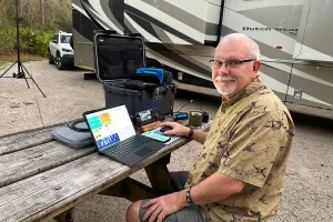 Amateur Radio Chapter VP Dennis Dugan enjoys ham radio while camping. In addition to its recreational benefits, amateur radio also enables emergency communication. 