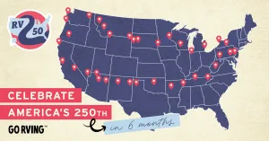 The RV-2-50 travel routes suggest iconic landmarks to stop at and explore while journeying across the U.S. and includes campground suggestions.