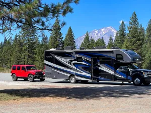 During a stop along State Route 89 near McCloud, California, Mount Shasta made a picturesque backdrop for Audrey Savino’s motorhome and towed vehicle.